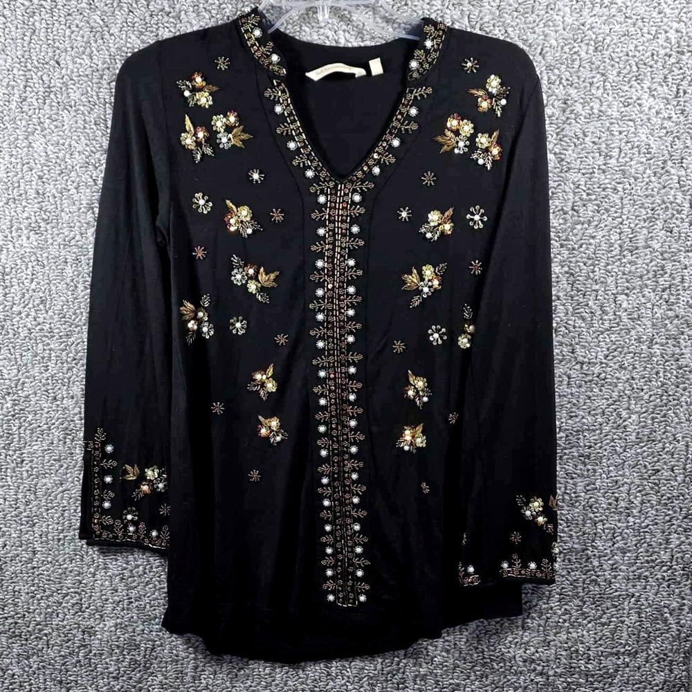Soft Surroundings Black Beaded Floral Top Gold Sequin Womens Petite Xsmall